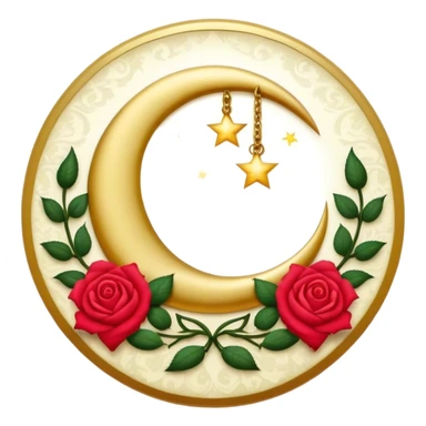 A round button with a crescent damask moon and roses in the center sticker