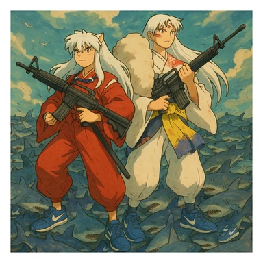 Inuyasha and sesshomaru take m16a4 vs 1 million shark They wear shoes blue Nike and all sharks They wear shoes Nike die sticker