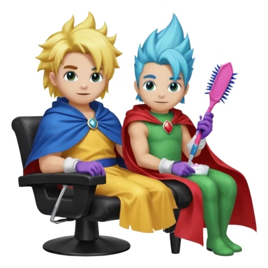 1 female koopaling behind a male koopaling, a female koopaling (🎀🩷👄🧿📿💍) wearing gloves and glopping the hair dye brush, A male koopaling (🧒🦷💙💚) sitting in the salon chair wearing a cape on his neck getting bleach on his hair sticker