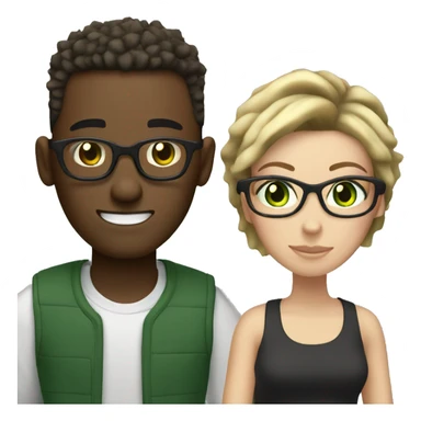 black male with spikey hair and glasses and white female with brown wavy hair , green eyes and glasses sticker