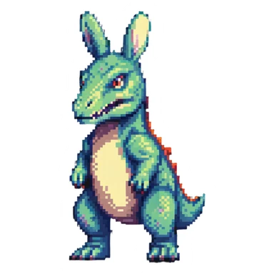 bunny with T-Rex features, standing upright in pixel art style sticker