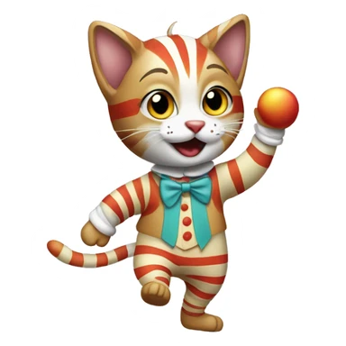 tabby cat, white markings, wearing a clown suit and dancing around  sticker
