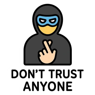 bold, striking icon representing 'Don't Trust Anyone' with visual metaphors like masked face, crossed fingers behind back, shadowy figure, modern minimal style sticker