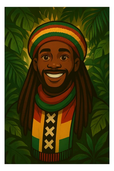 “Create a powerful illustrated portrait of a smiling man with long dreadlocks, wearing a colorful red, gold, and green knitted tam. The background has jungle leaves and warm lighting. Style: vibrant digital art, modern, bold lines, reggae vibe. With a Amsterdam colour scarf around his neck I gave a idea sticker