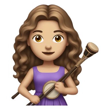 White woman standing with long flowing purple dress and long wavy brown hair holding a small handheld frame drum and a drum beater sticker