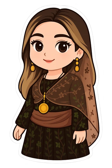 Edit the Kurdish cartoon sticker to change the dress to match the style, color, and details of the dress in the reference photo while keeping the cartoon style. No text. Transparent background. sticker