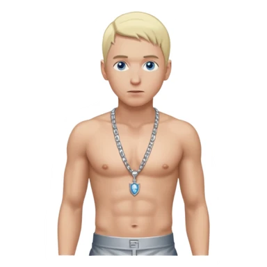 Eminem with blonde hair, shirtless with necklace, metallic silver pants, blue eyes sticker