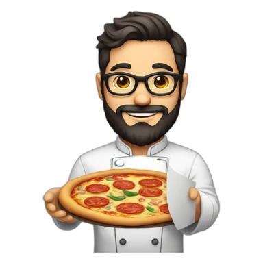 Dark haired 30 years old chef with beard and big glasses proudly holding a pizza sticker