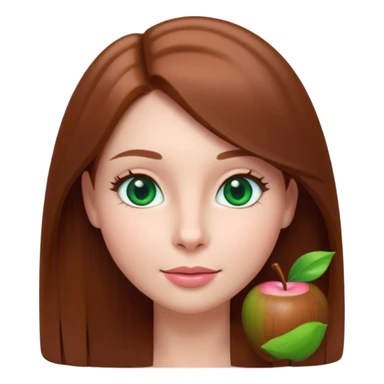 a young woman with a sweet expression, smooth fair skin, emerald green eyes, small straight nose, soft nude-pink lips with a gentle smile, and long, straight chestnut brown hair parted in the center. Clean white background, soft lighting, minimalist Apple emoji 3D style. sticker