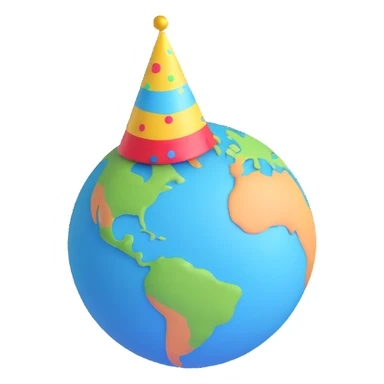 a laughing planet Earth with a party hat sticker
