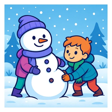 Show two different kids (different hair and clothing colors) building a snowman in a snowy background, keep the sticker style sticker