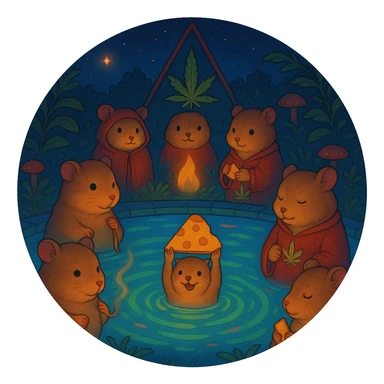 Reformat the image for a Discord server icon: crop to a centered, simple, circular composition, keep the main hamster cult pool party theme, vibrant Ghibli style, clear at small size. sticker