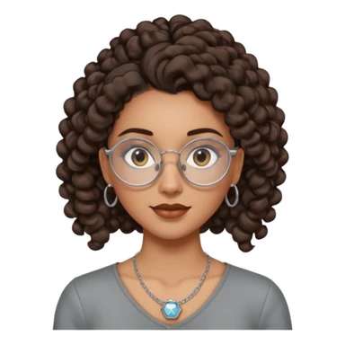 chica morena de ojos claros con gafas exagonales redondeadas. y pelo rizado castaño con todo el pelo recogido en una coleta . y un collar de plata sticker