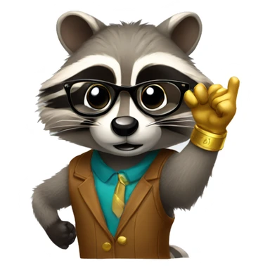 raccoon emoji style with glasses and pointing up with a golden hand sticker