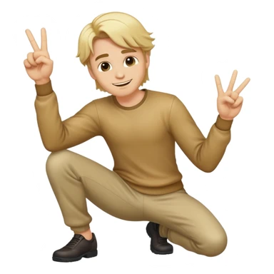 Full body emoji of a Blonde man with swooshing hair and no facial hair, crouching giving one peace sign while smirking sticker