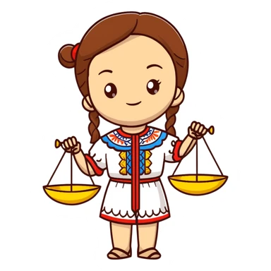 Ukrainian girl with brown hair wearing traditional embroidered shirt (vyshyvanka) holding scales of justice in her hand sticker