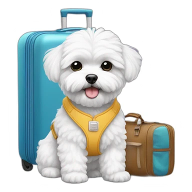 white maltipoo with Hawaiian luggage sticker