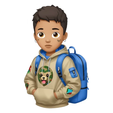 blasian teenager with bape hoodie and sprayground backpack sticker