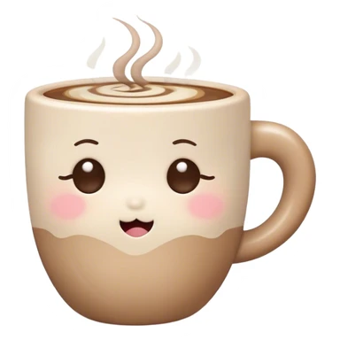 Cute Kawaii Coffee Cup, cozy and warm, a tiny swirl of steam shaped like a heart, round chubby face with a sleepy but content expression, soft pastel brown and cream colors, perfect morning vibes! sticker
