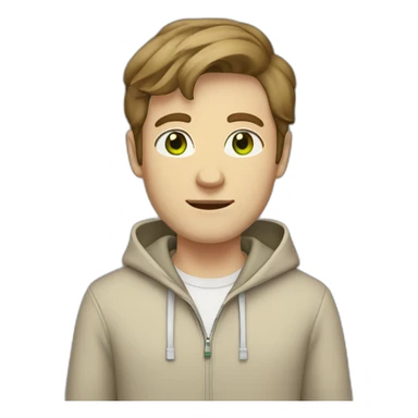 white guy in beige hoodie with brown hair and white shoes and  gray pants and green eyes standing sticker