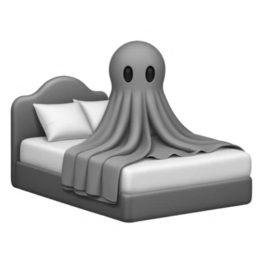 Minimalist emoji-style sticker of a bed with a covered figure and something strange peeking out from underneath. Grayscale only, simple icon.

 sticker