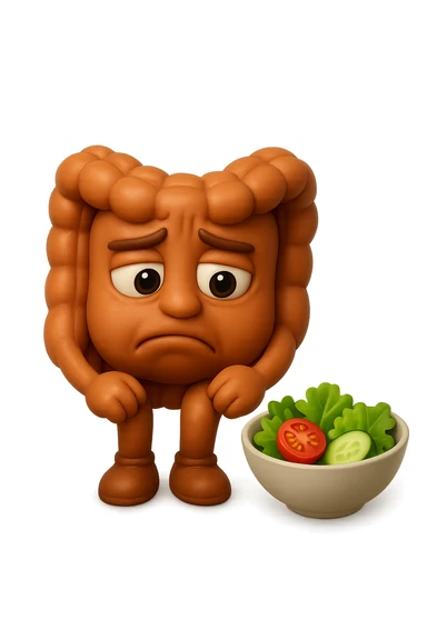 EMOJI STILE IPHONE DI UN INTESTINO UMANO ANATOMICO CHE GUARDA UN INSALATA CON ESPRESSIONE TRISTE E RASSEGNATA IN VOLTO: SOFFRE LA FAME PERCHé è A DIETA, FAGLI ANCHE LA PARTE BIANCA DEGLI OCCHI, NON SOLO LE PUPILLE, IPERREALISTICO 4K sticker