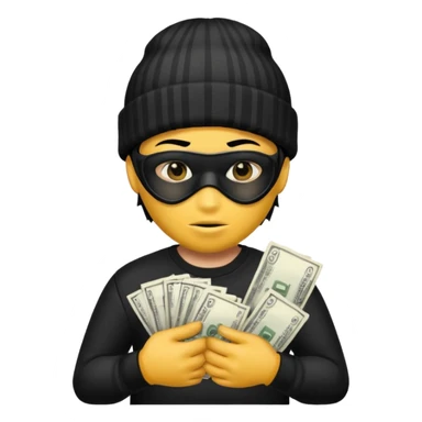 A yellow guy with a black beanie white shirt with black stripes a black mask for it's eyes and holding a money bag with yellow hair sticker