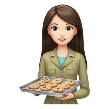 A white Barbie girl with long dark brown straight hair in a pale olive clothes holds a Baking tray with cookies sticker