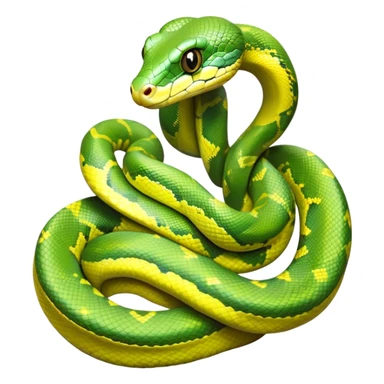 cinematic-green tree python-realistic-full-body-coiled-emoji,-thick-scaled-body-looped-tightly,-intricate-yellow and white-patterned-scales-reflecting-light,-head-tilted-dramatically,-cute-eyes-staring-calmly,-simplified-yet-realistic-focused-feature sticker