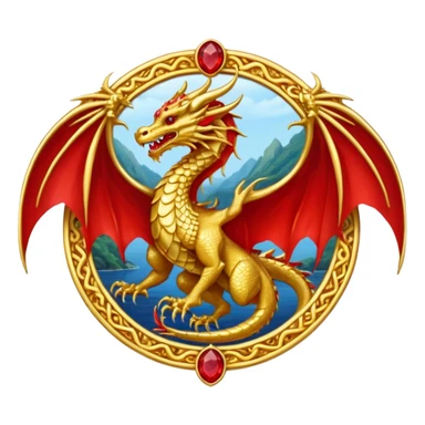 Golden Dragon with wings crest/brosch in a circle with red gems sticker