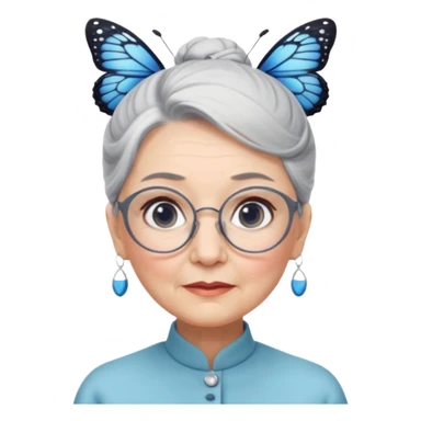 A beautiful grandmother with a delicate face and white/grey hair styled in high buns. She has steely blue/grey eyes and an intense gaze, and wears pretty glasses with butterfly frames. No background sticker