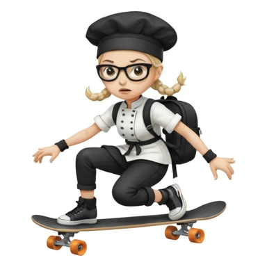 ["An angry woman with light skin, ponytail, wearing a chef hat and square glasses, dressed in goth fashion, is skateboarding while holding a backpack."] sticker
