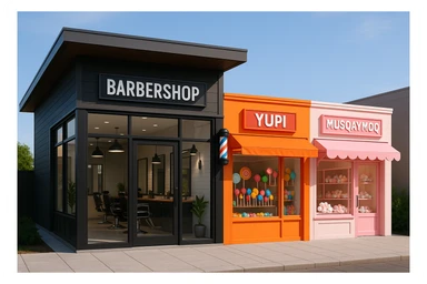 brohouse sartarosh xonasini chizib ber tashqaridan va uning yonida yupi va musqaymoq sotadigan lavkalar bulsin va sartarosh xona sal zamonaviyroq bulsin sticker