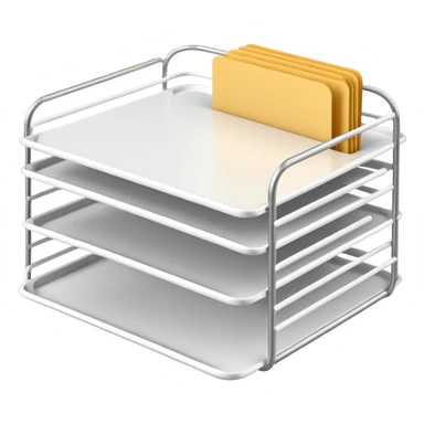 A minimal, clean emoji-style illustration of a white metal desk paper organizer tray, shown in slight isometric view so its structure is readable at a small scale. The organizer is rectangular with rounded corners, made of thin white metal wires, forming two to three stacked horizontal slots.
 sticker