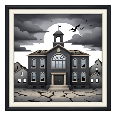 A broken/abandoned school with cracks and dust  with no back ground in an abandoned place with a blackish greyish sky  sticker