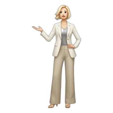 Full height Actively gesturing with hands pale skin woman with ash blonde Straightened bob Hair, White Spacious classical jacket, beige palazzo Arrow pants and gray blouse sticker