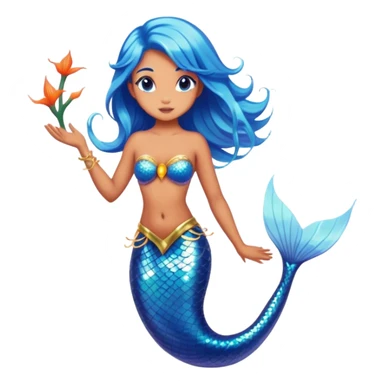 Cinematic Realistic Blue Hair Mermaid Portrait, depicted with lifelike, sun-kissed tanned skin that exudes a warm, radiant glow under gentle underwater lighting. Her intricately detailed, flowing blue hair cascades like a waterfall of ocean hues, framing deep, mesmerizing eyes that capture the vibrant spirit of the sea. Adorned with a shimmering tail and delicate tropical accents, the portrait features an enchanting underwater glow that blends realism with mythic coastal allure. sticker