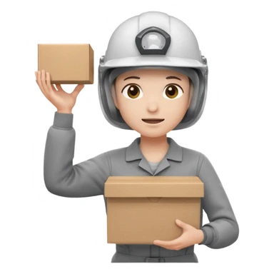 Tengo que dar una capacitacion de orgonomia, necesito un emoji de un operario con casco blanco y buzo gris de manga larga que levante una caja cerrada con las dos manos a la altura de los hombros y que tenga cara de esfuerzo fisico. Que no este saludando, las dos manos sosteniendo la caja sticker