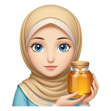 Turkish beautiful finish Konya girl blue eyes with honey pastel hijab islamic dress and had on her hand honey sticker