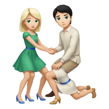 Man, black Hair, blue eyes, whole body, Woman, bending knees, blonde, green eyes, White Dress, sticker