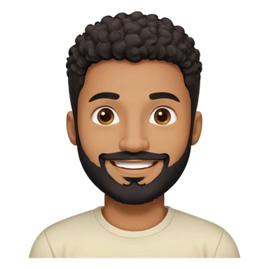 Man in his 30s with medium brown skin. Round face with friendly expression. Dark eyes with cheerful look. Thick eyebrows. Wide nose. Full black beard, well-trimmed. Short curly black hair with fade cut. Wearing a cream t-shirt. Big smile. sticker