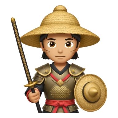 Samurai with straw hat, Warrior in armor holding wide hat sticker