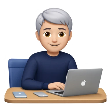3D Memoji of the man from the photo, short salt-and-pepper hair, dark navy sweater, sitting with a silver laptop, Pixar style, white background, professional smile sticker