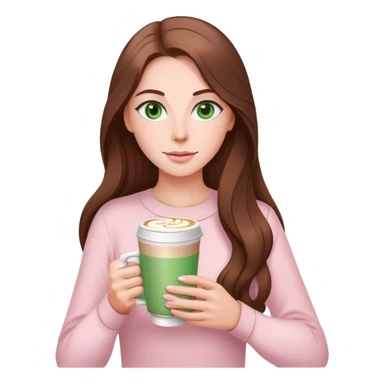 pretty woman with very long brown hair and green eyes and light pink outfit with a latte sticker