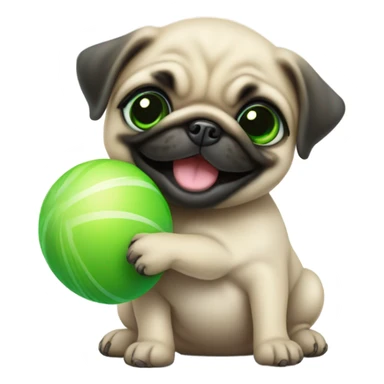 Cute Smiling Baby pug with green eyes playing with a green ball sticker