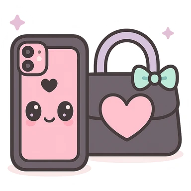 pink and black gothic phone case, kawaii style, big eyes, smiling, cartoonish, playful, matches gothic purse sticker