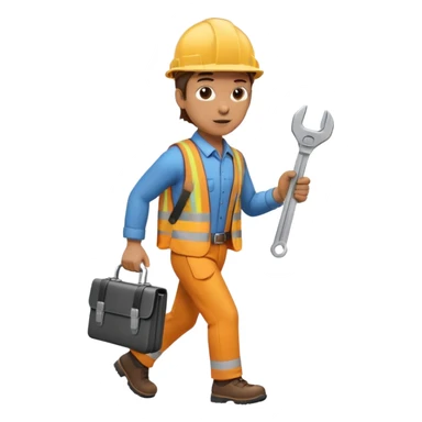 person wearing a hard hat or helmet, holding a wrench in one hand and a briefcase in the other, in a walking or running motion sticker