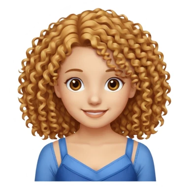 girl with golden curly hair, brown eyes, blue camisole dress, smiling sticker