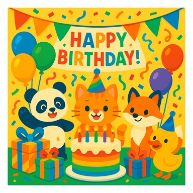 vibrant-toon style birthday party scene with a rainbow color theme including rainbow balloons, multicolored decorations, confetti, a large rainbow birthday cake, gifts, and a festive atmosphere. Main character is a ginger tabby kitten wearing a birthday hat, surrounded by a panda, fox, and duck also celebrating. Prominent 'Happy Birthday!' message included in the scene. sticker