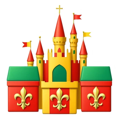  flag with 4 boxes: gold fleur-de-lis on deep blue/black; green, yellow, red stripes in upper right and lower left with green star in upper right; yellow castle on red in lower right. Flat vector, clean, high contrast, clear at small size. sticker